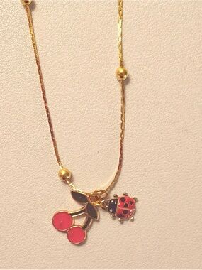 Y2K Cherry ladybug gold tone necklace